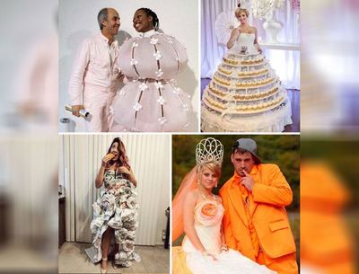 A bride wearing a pink layered dress and her groom/ A bride wearing a cupcake wedding dress/A girl eating a taco wearing a Taco Bell wedding dress/ A bride wearing in her orange dress and a groom is his orange suit