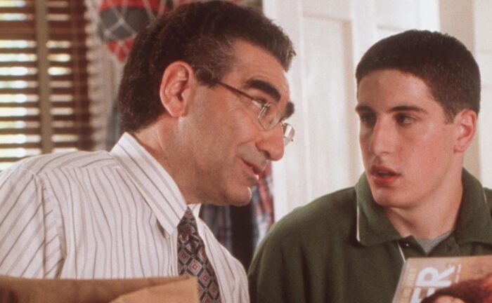 Eugene Levy and Jason Biggs are in a father-son movie talk.