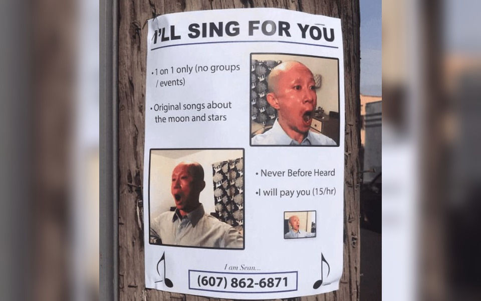 A street sign saying "I'll sing for you"