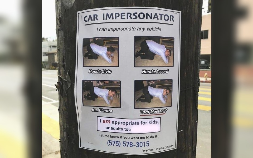 A street sign saying "car impersonator