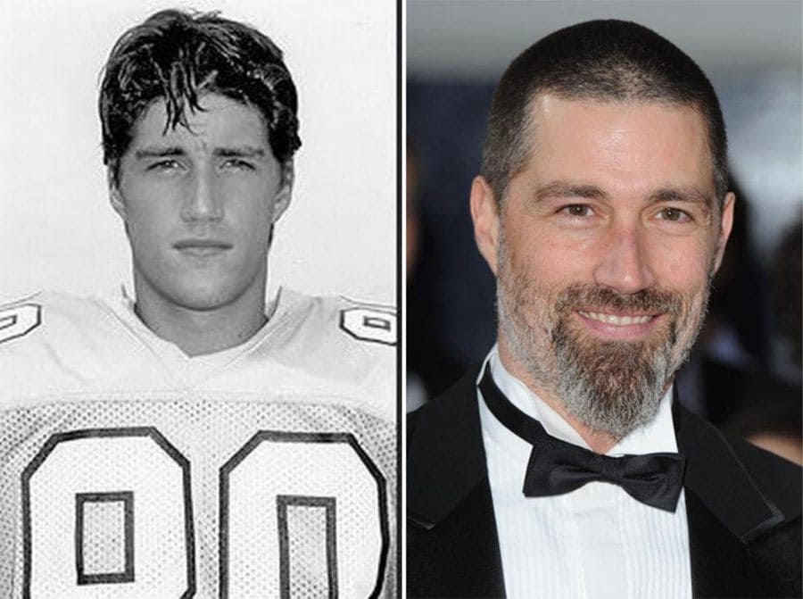 Photograph of a younger Matthew Fox in his football uniform and a more recent photograph of him in a tuxedo.