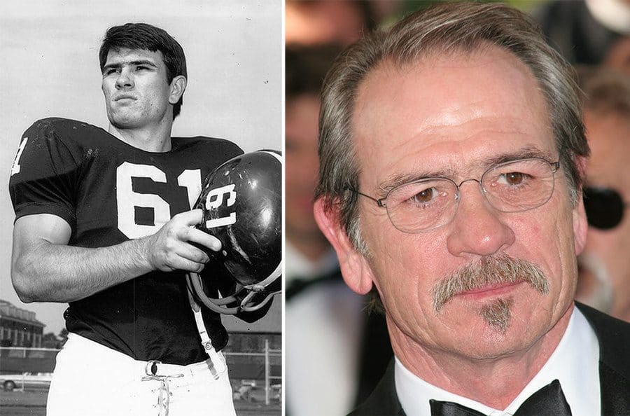 Tommy Lee Jones in his Harvard football team uniform, number 61. / Photo of Tommy Lee Jones now, at a premiere in France.