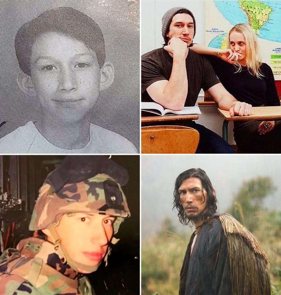 Adam Driver with fire behind him in the film Star Wars: The Force Awakens. / Lena Dunham and Adam Driver on the set of Girls. / Adam and his wife, Joanne Tucker, at the premiere of Star Wars: The Force Awakens. / Photograph of Adam Driver acting in a play.
