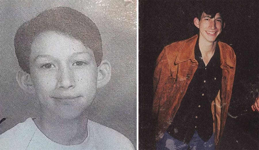 Photograph of a younger Adam Driver in his yearbook. / Photograph of Adam Driver in high school hanging around in a leather jacket. 