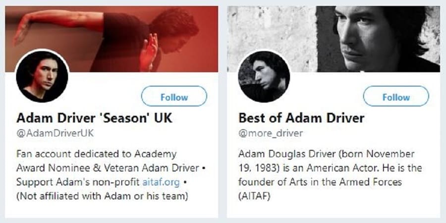 A screenshot of some twitter accounts which fans have made for Adam Driver. 