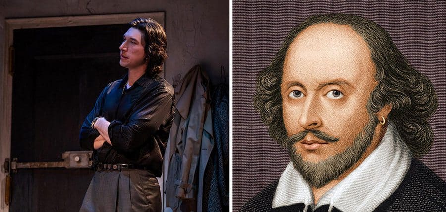 Photograph of Adam Driver acting in a play. / A picture of William Shakespeare. 