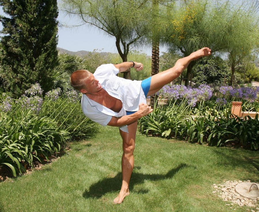 Dolph Lundgren on holiday in Spain doing some karate.