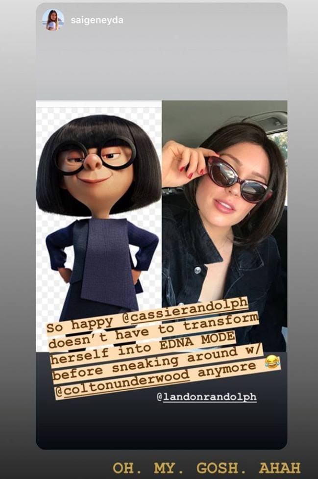 Cassie Randolph in disguise to go meet up with Colton Underwood with a photo of the character she almost looks like from The Incredibles. 