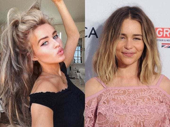 Emilia Clarke and Rosie Mac with white-blonde hair, Emilia in costume for Khaleesi.