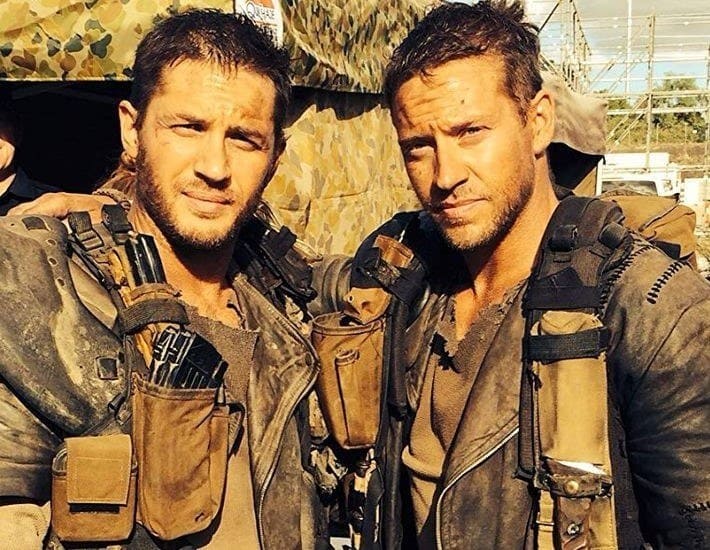 Tom Hardy and Jacob Tomuri in character for the movie Mad Max: Fury Road.