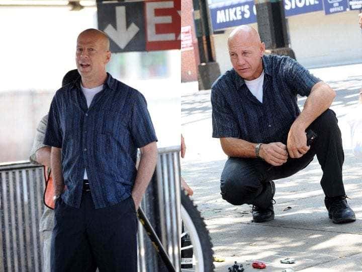 Stuart Wilson and Bruce Willis in matching black outfits with black leather jackets.