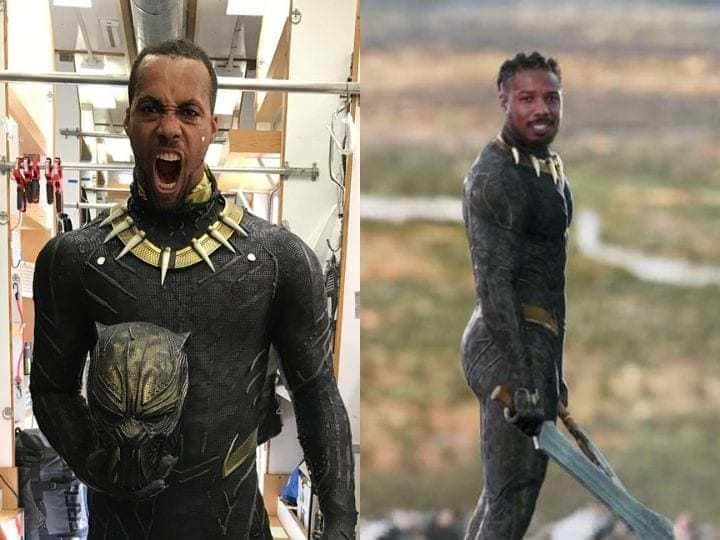 Michael B. Jordan and Aaron Toney both dressed up and ready for a scene in a Marvel movie.