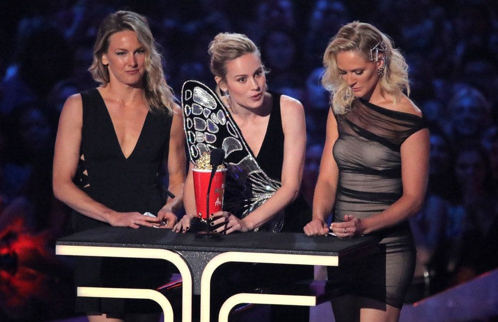 Brie Larson, Renee Moneymaker, and Joanna Bennett at the MTV Movie and TV Awards show in 2019.