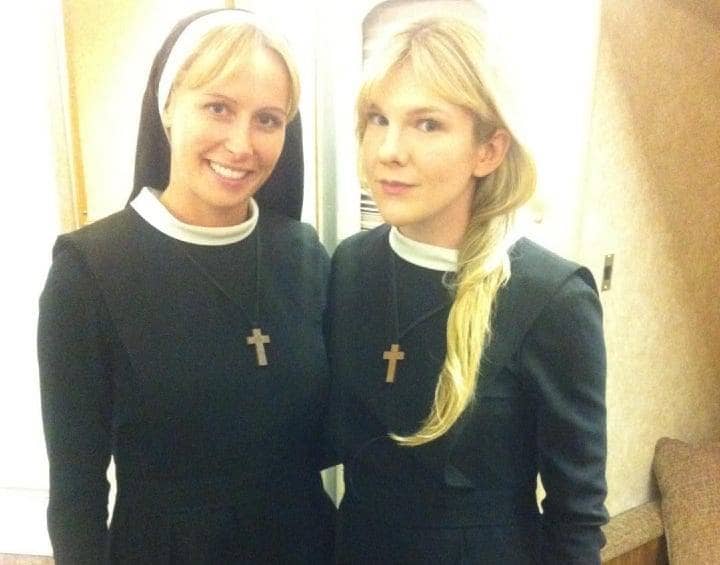 Lily Rabe and Kimberly Shannon Murphy both dressed as a nun with blonde hair.