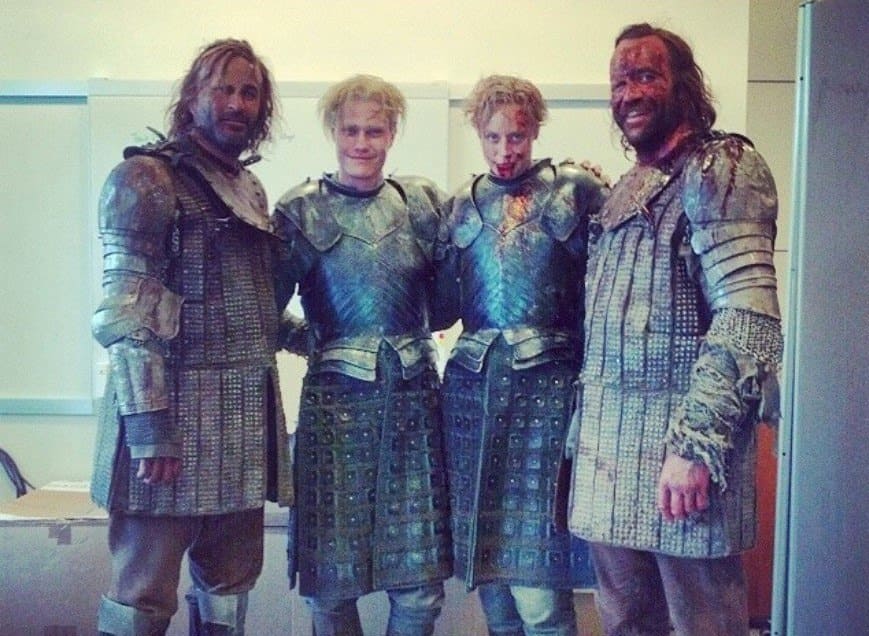Gwendoline Christie, Rory McCann, Mark Slaughter, and Gyula Toth all dressed in character for Game of Thrones.