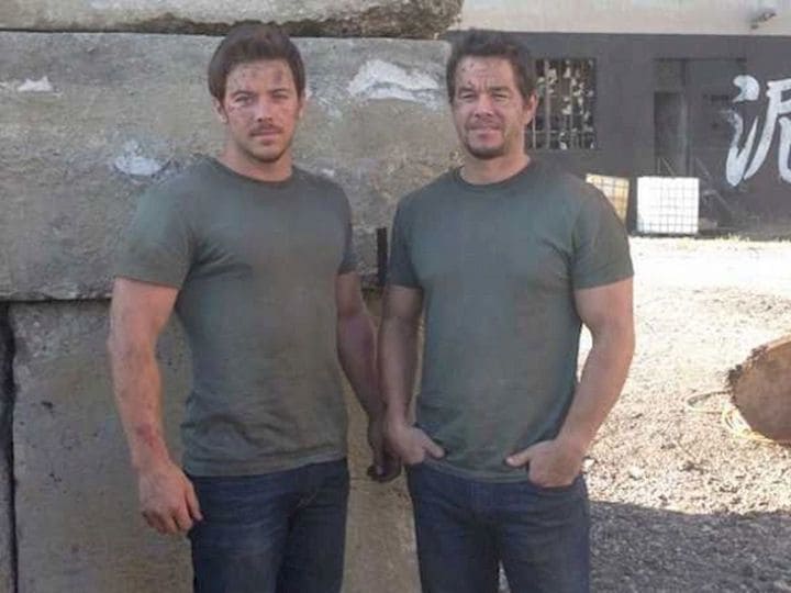 Mark Wahlberg and Dan Mast on the set of Transformers.