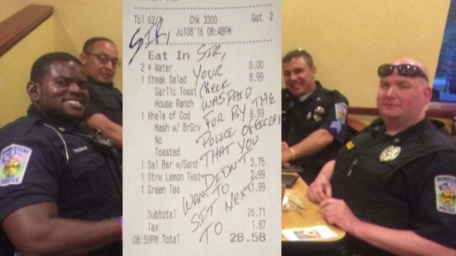 Group of cops at a diner with the bill they paid