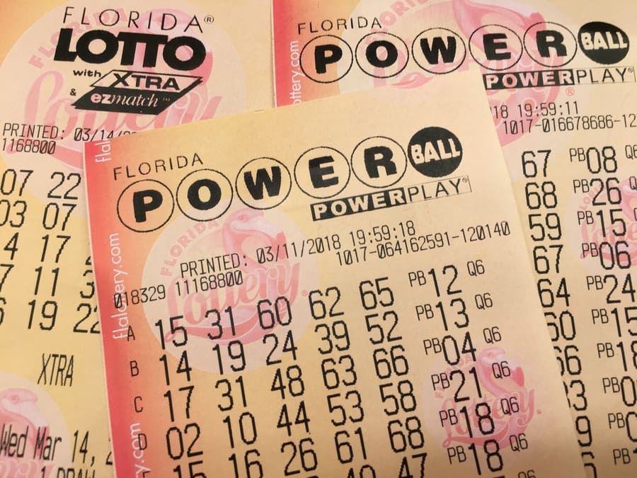 Photograph of multiple Florida Powerball and Lotto tickets.