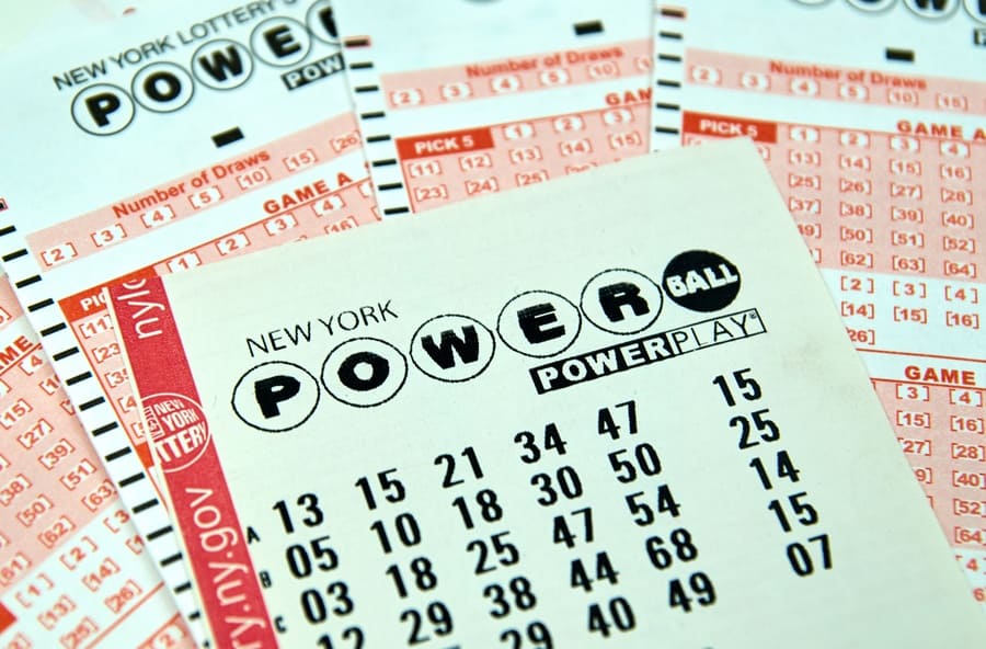 Photograph of Powerball New York lottery tickets.