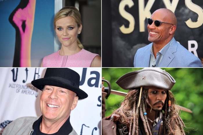Johnny Depp as Captain Jack Sparrow. / Reese Witherspoon at the premiere of her movie Inherent Vice. / Dwayne “The Rock” Johnson at the premiere of Sky scraper. / Bruce Willis at the Apollo Theater in New York, 2019.