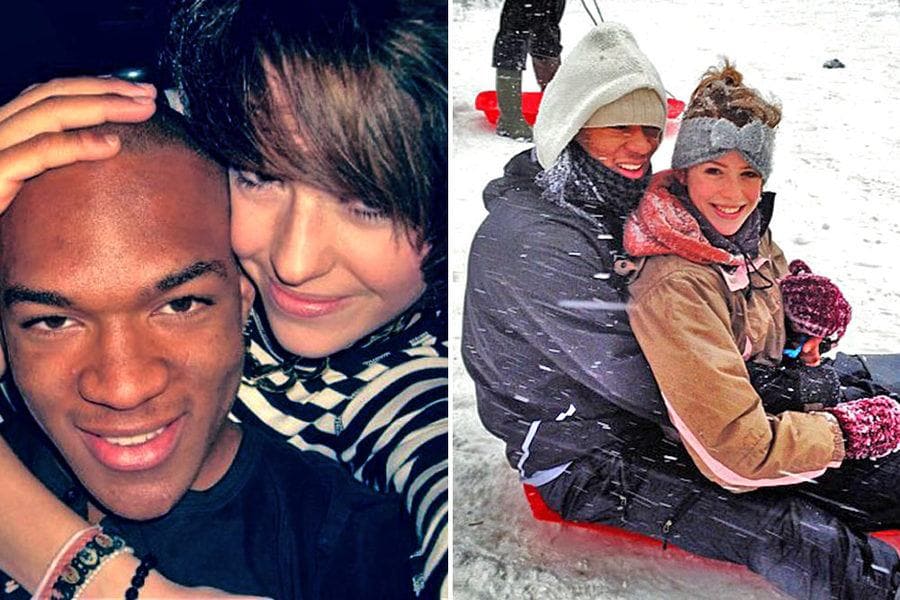 Edi and Cally when they were 18 on the left, and Edi and Cally are sitting on a sled with snow falling around them. 