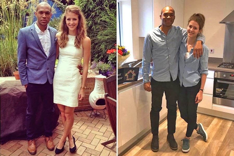Cally and Edi dressed up fancily and ready for a night out in the photo on the left. Edi and Cally are both wearing light denim shirts, dark denim pants, and greenish-grey shoes. 