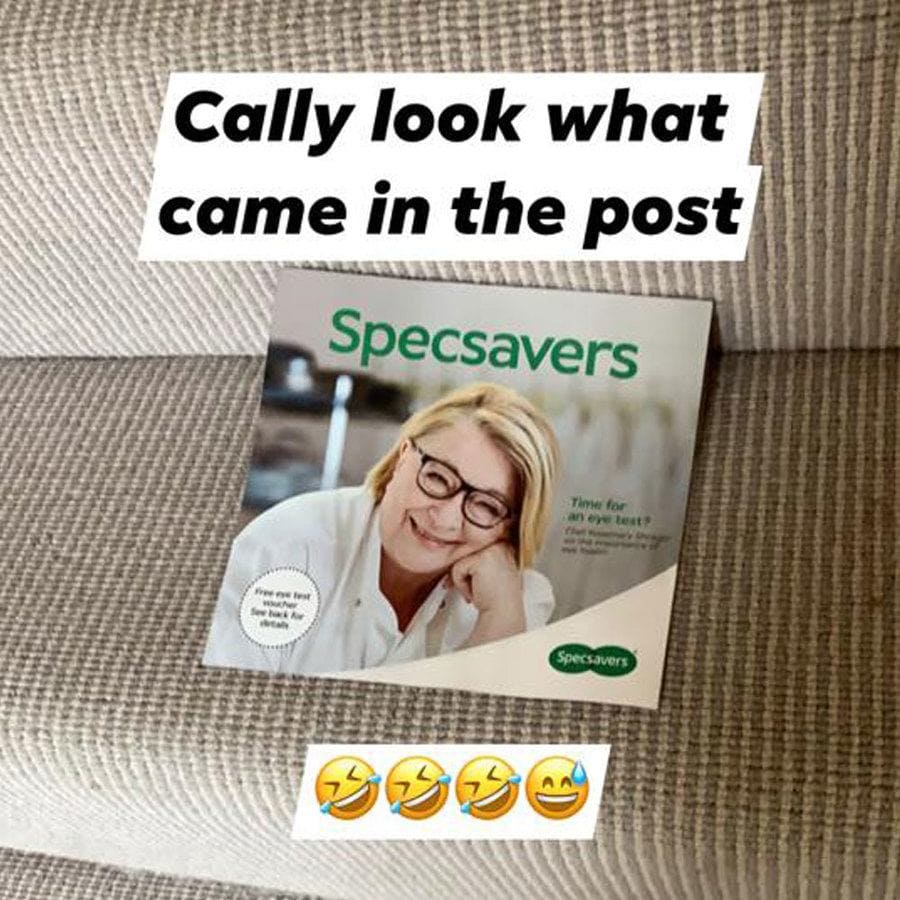 Photograph of an ad to get your eyes checked for glasses with the caption ‘Cally look what came in the post’ and laughing emojis underneath. 