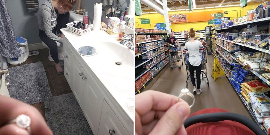 Photographs of Danielle sitting on a closed toilet lid painting her toenails while Colton holds the ring up. / Photograph of Danielle walking down the aisle in Wal Mart, and Colton is holding the ring up behind her back. 