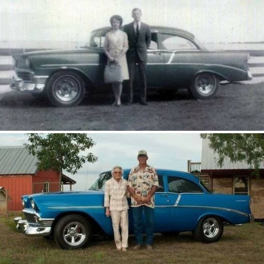 Side by side photos of a couple standing in front of their car 