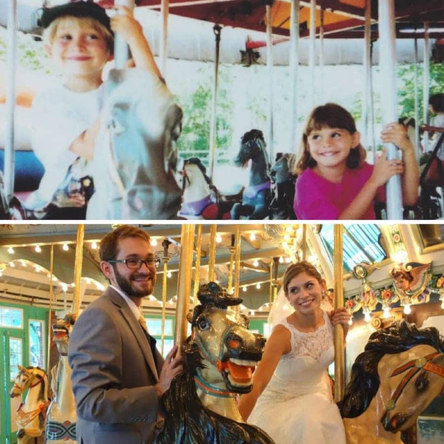 Side by side photos of a couple on a carousel 