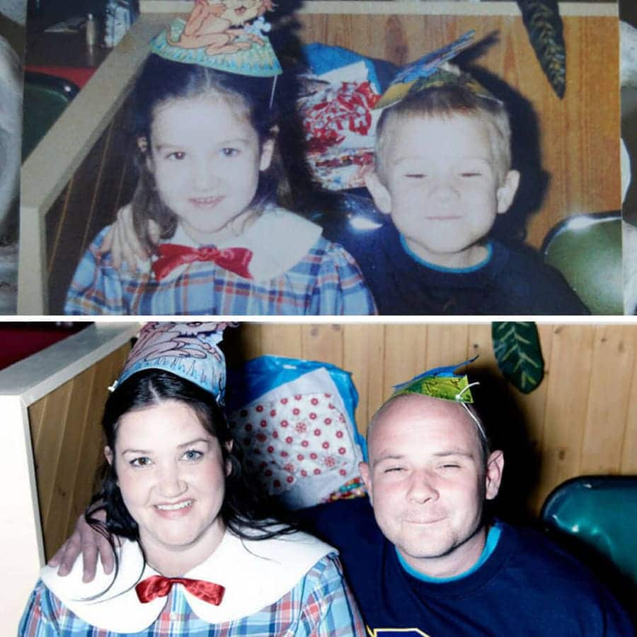 Side by side photos of a couple at a birthday party 