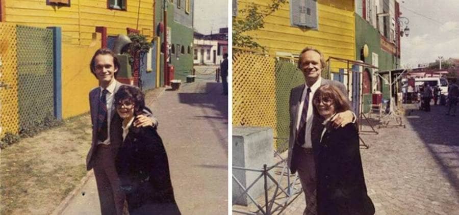 couple recreating their older photo together 