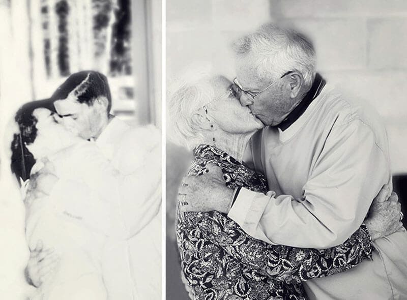 couple recreating their wedding photo together 