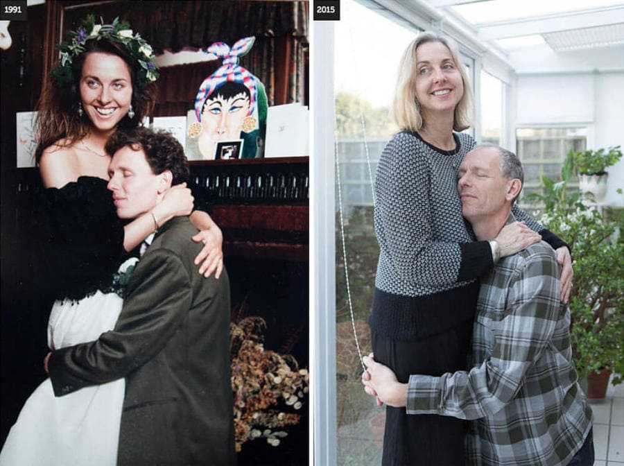 couple recreating their older photo together 
