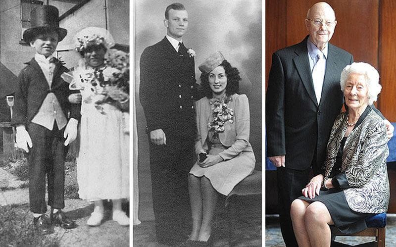 couple recreating their older photo together in three photos 