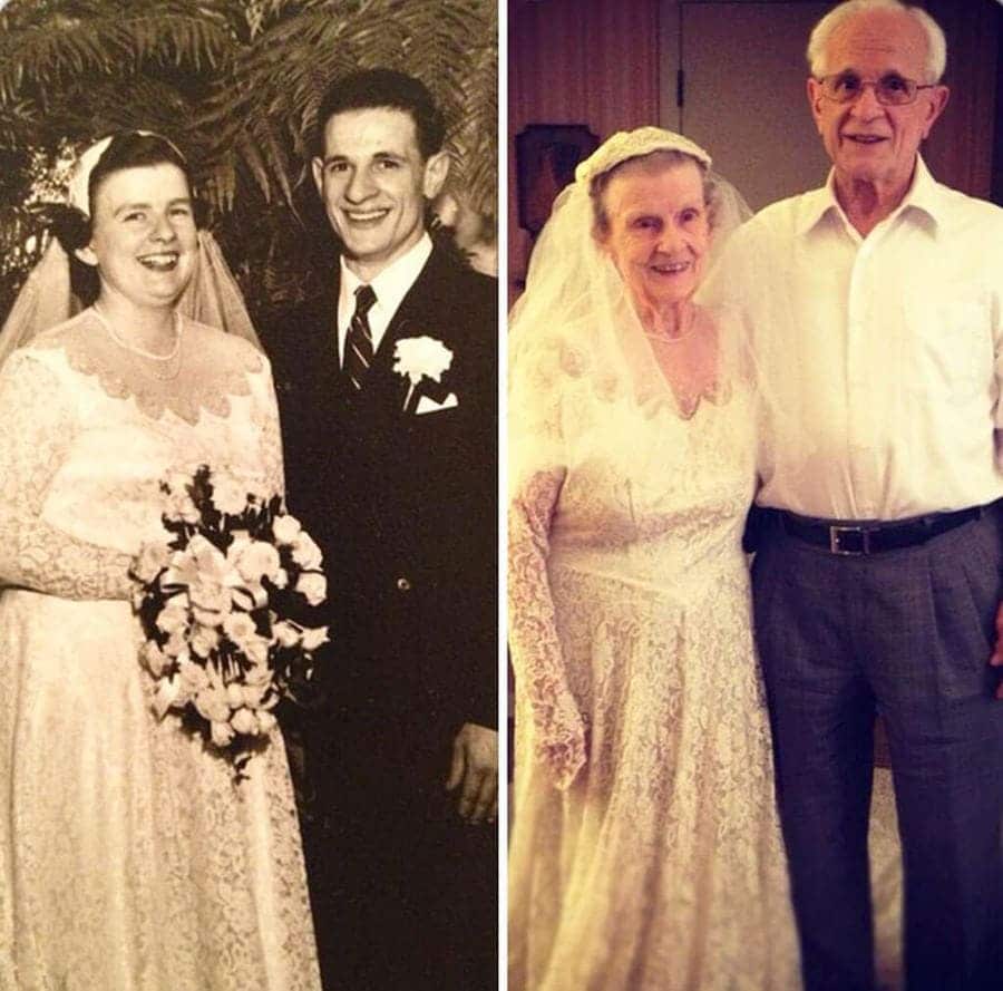 couple recreating their wedding photo together 