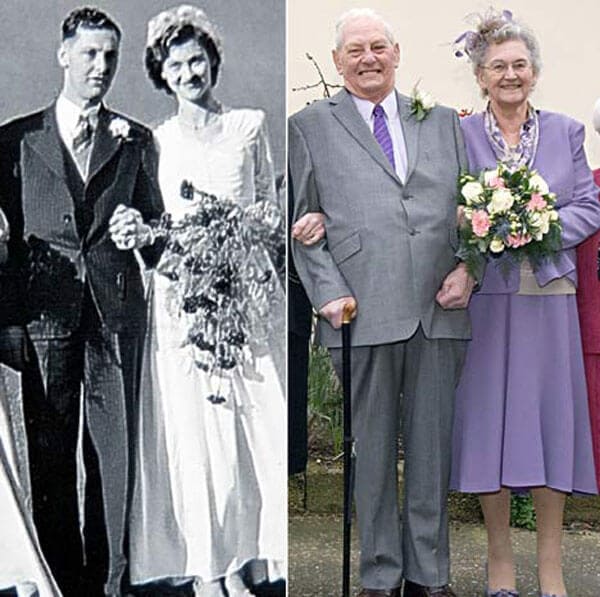 couple recreating their wedding photo together 