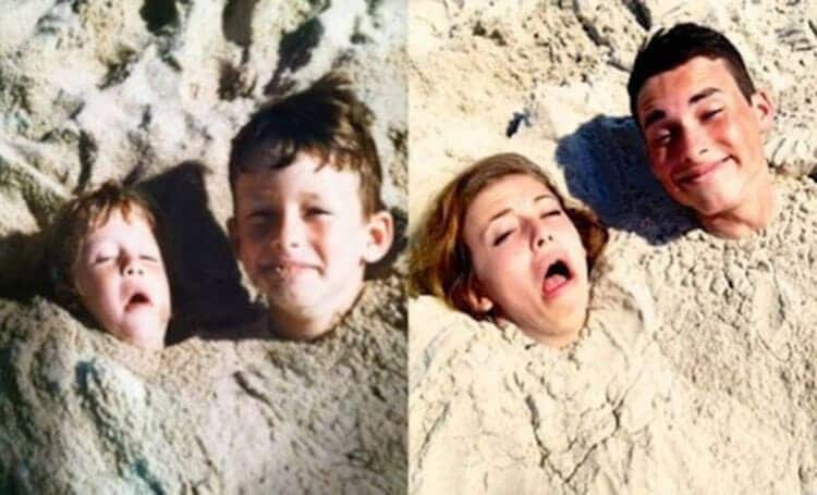 two siblings recreating their older photo together in the sand 