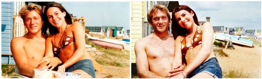 couple recreating their older photo together at the beach 