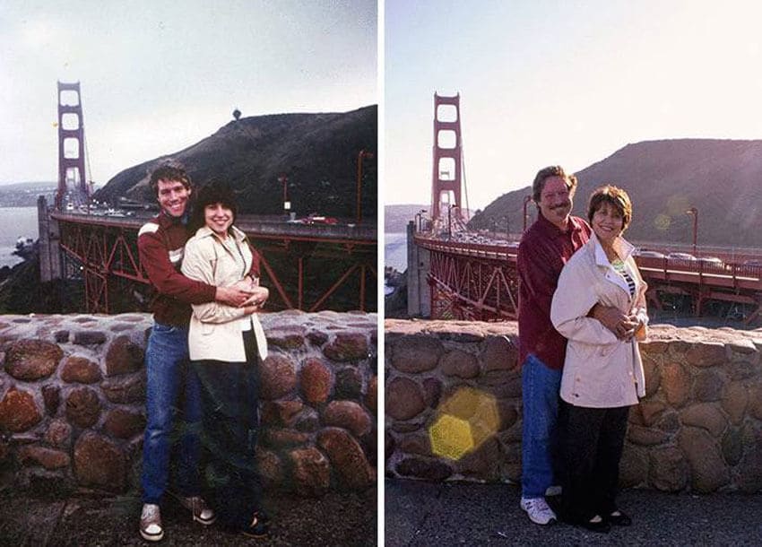 couple recreating their older photo together at the Golden Gate Bridge 
