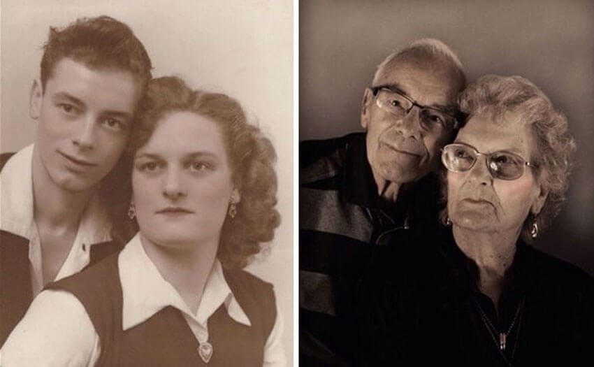 couple recreating their older photo together 