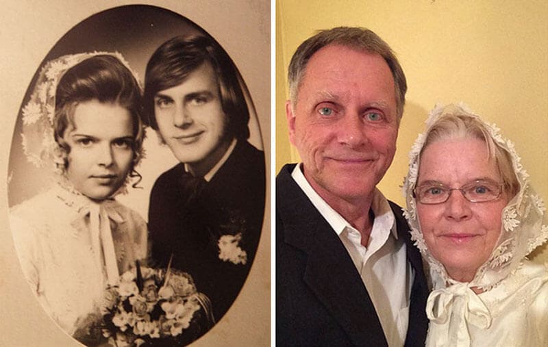 couple recreating their wedding photo together 