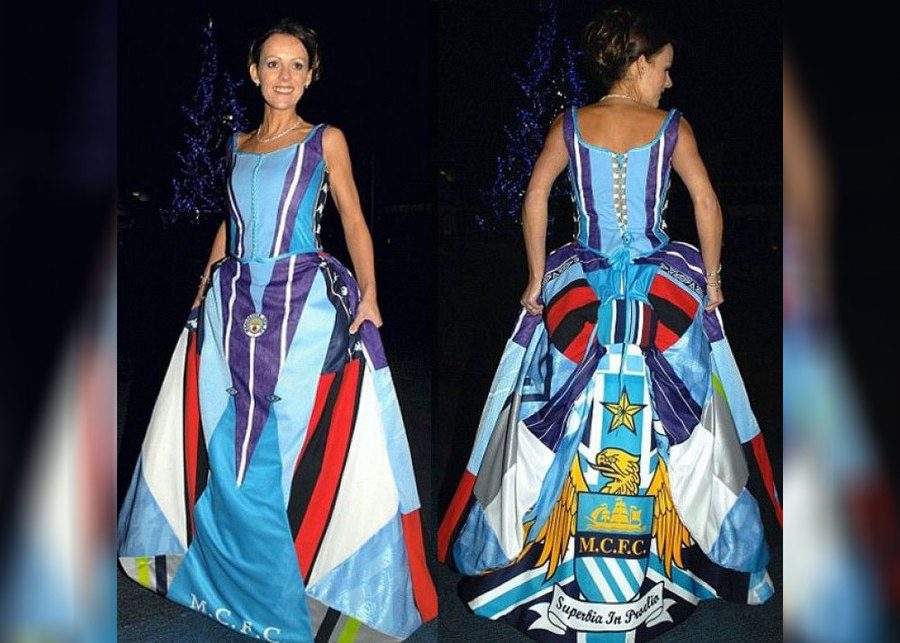 A girl wearing a Manchester City FC wedding dress
