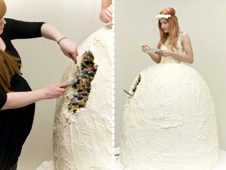 A bride wearing a wedding cake wedding dress