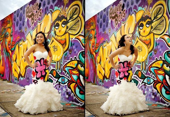 A girl wearing a graffiti wedding dress