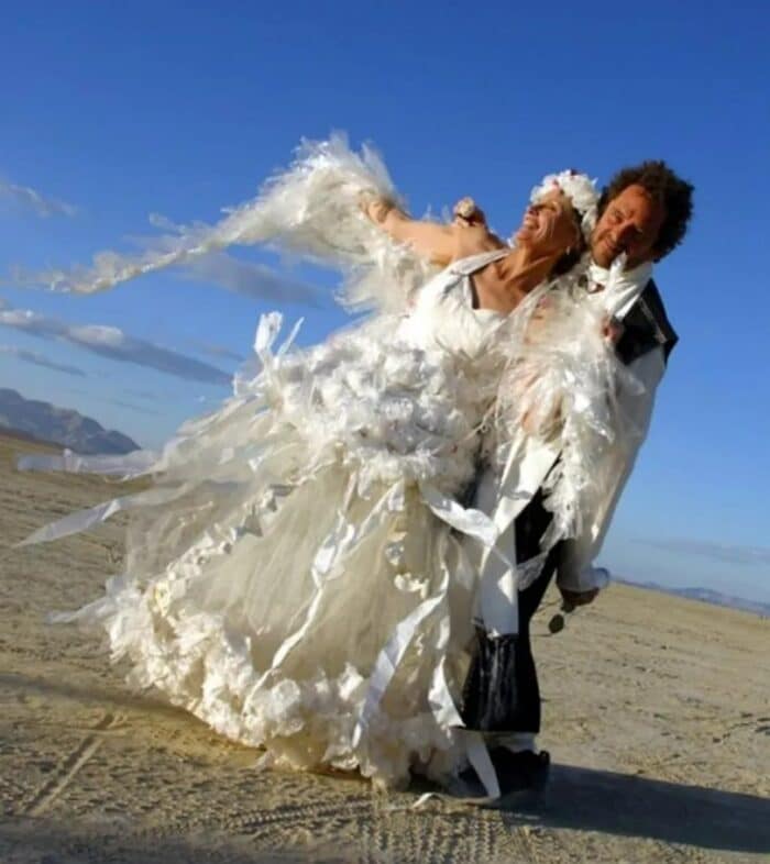 Women in a funny wedding dress