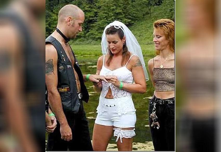A girl wearing shorts as a wedding dress