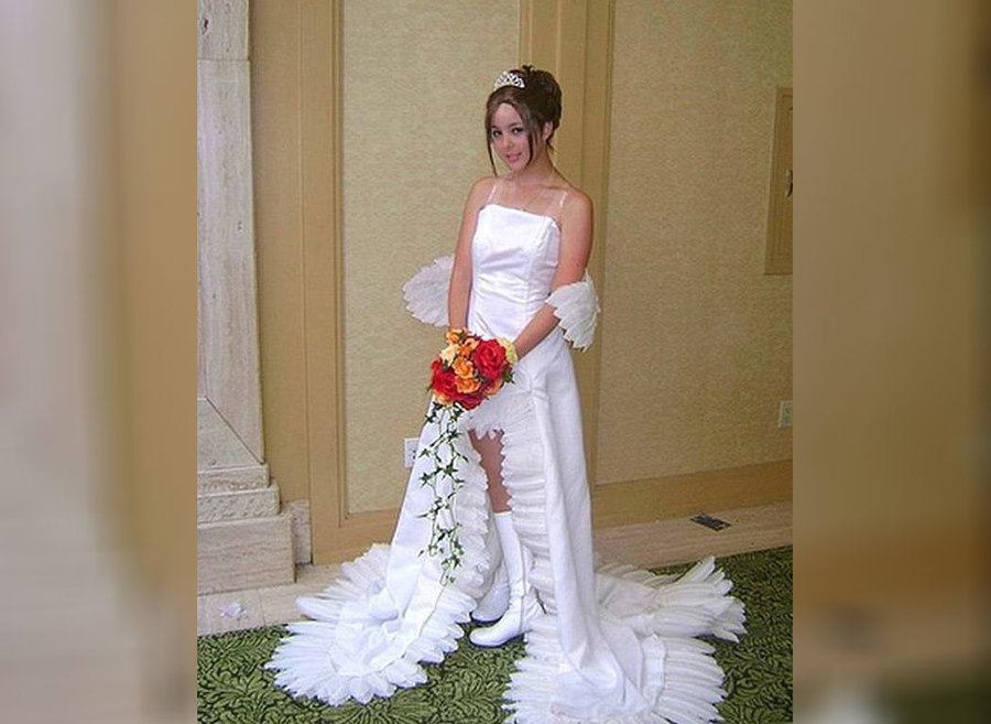 A bride wearing an ugly wedding dress with white boots