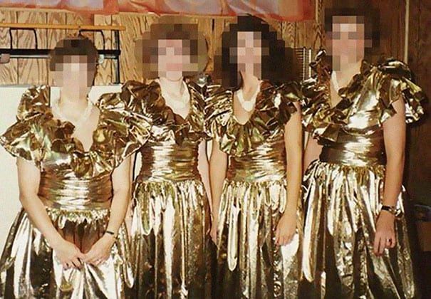 Bridesmaids wearing ugly gold dresses