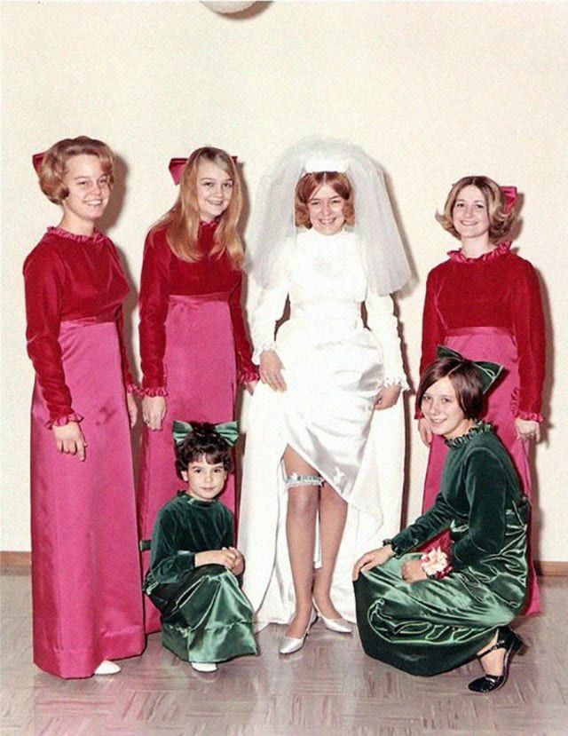 Bridesmaids wearing ugly dresses and bows